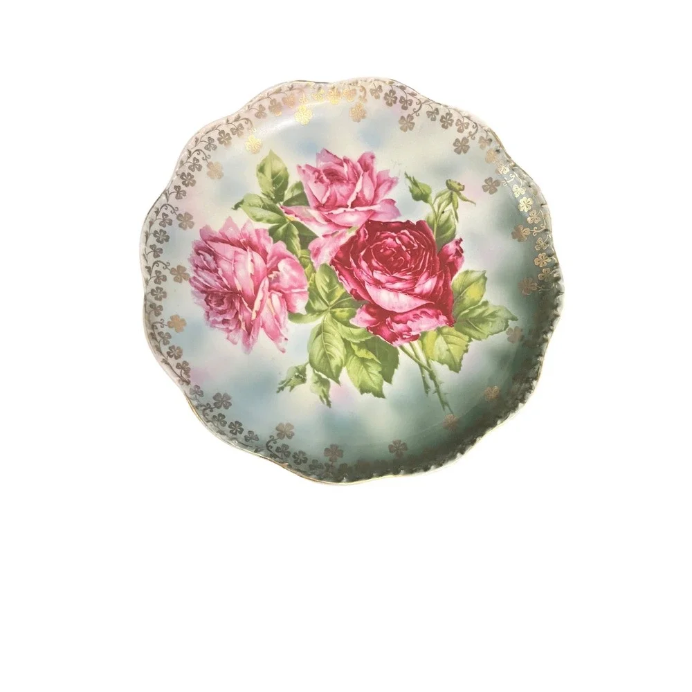 Wheelock China Austria Antique Scalloped Porcelain Plate Pink Red Roses Gold